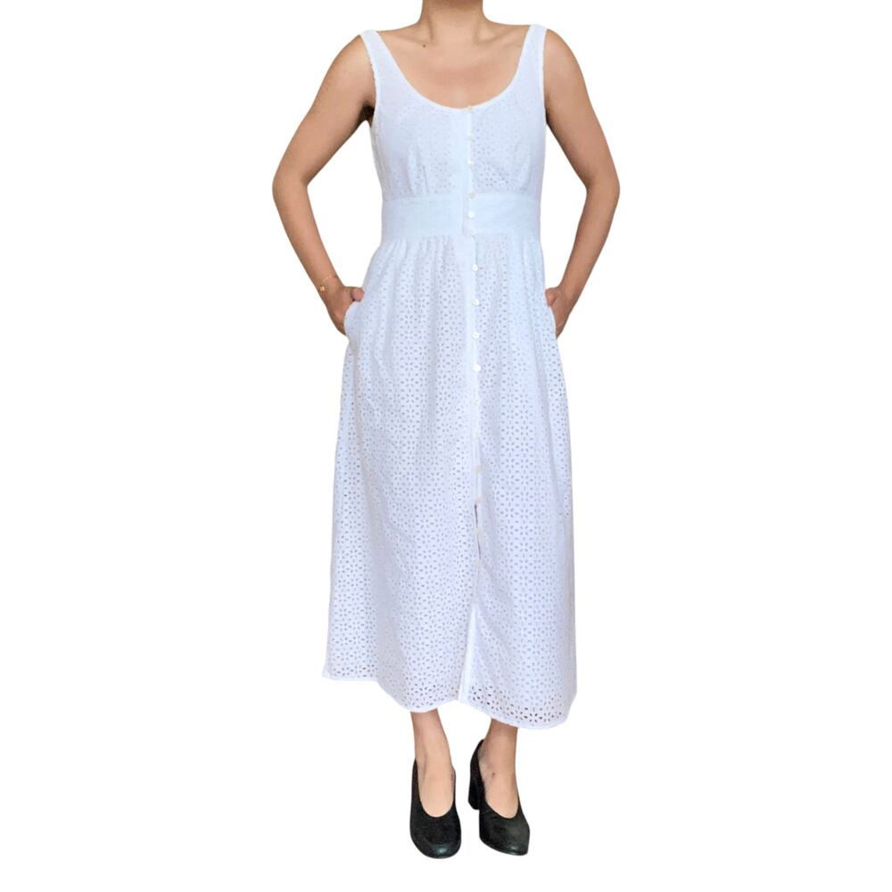 J. Crew Button Front Sleeveless Midi Dress White Cotton Eyelet Cottage 2 Tall